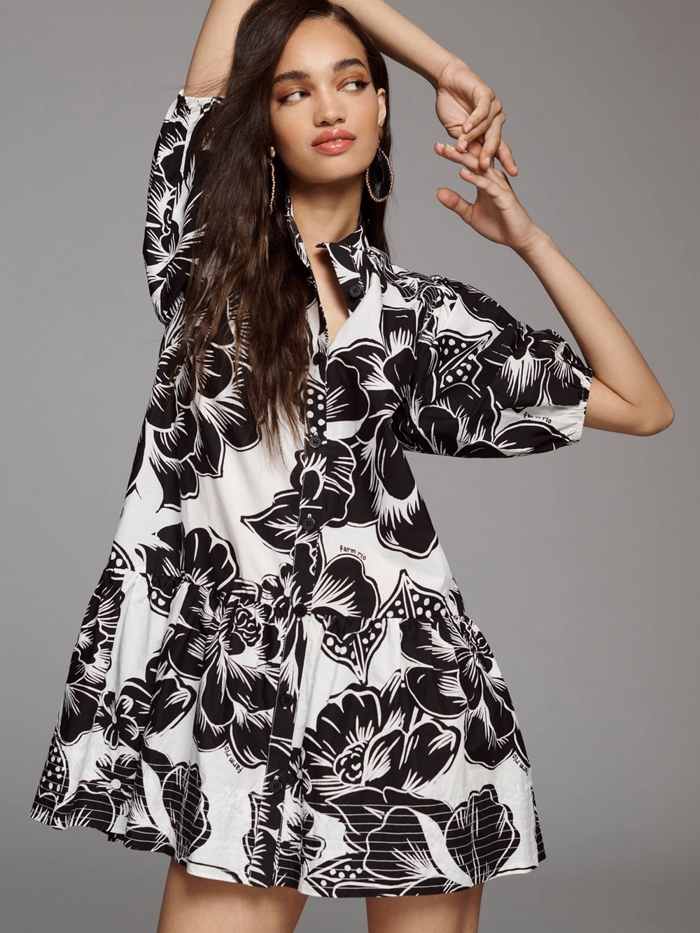 Farm Rio Printed Drop-Waist Mini Shirt Dress